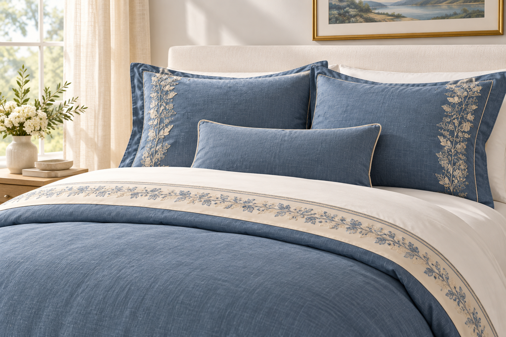 Blue Floral Embroidered Bedding Set