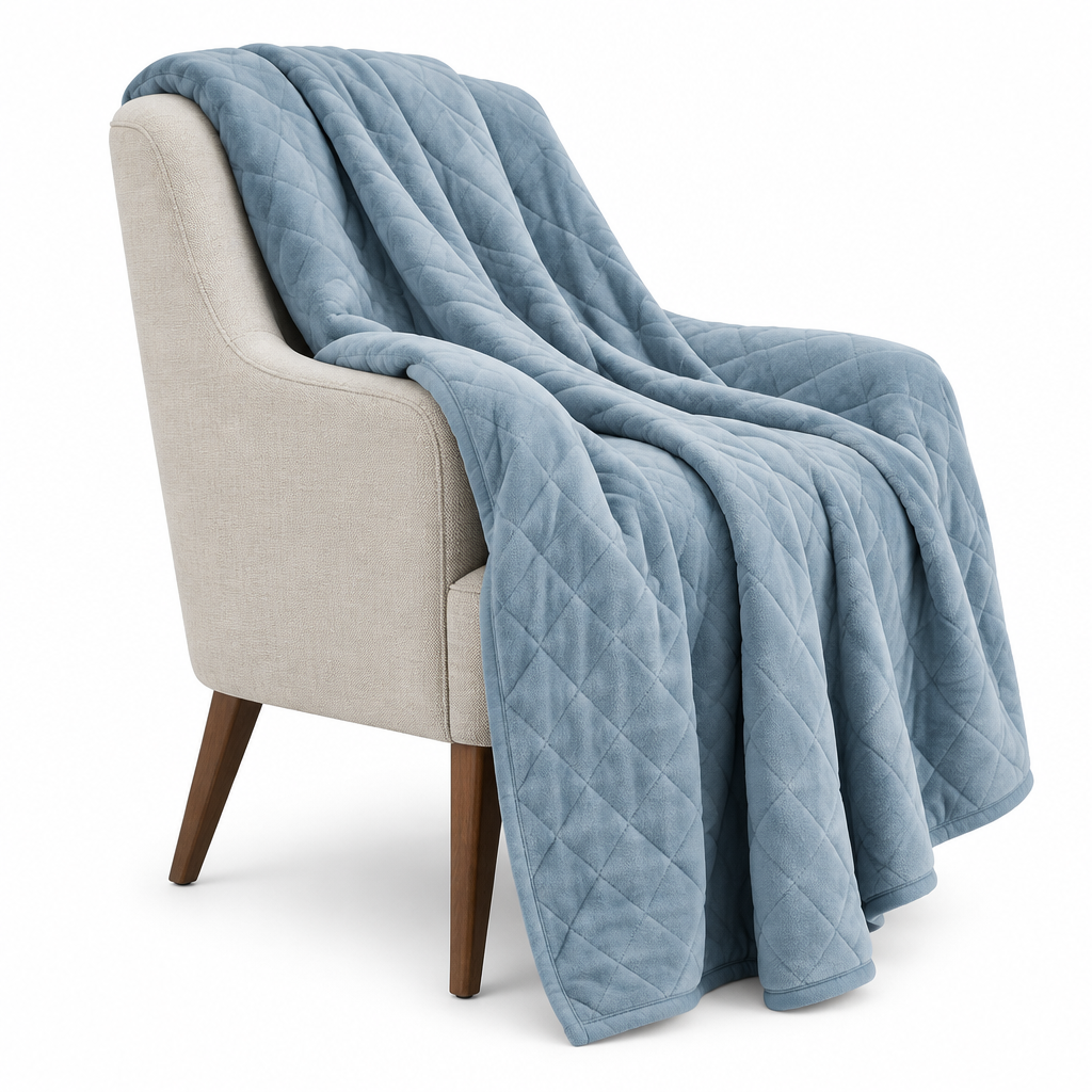 Blue Quilted Throw Blanket draped side angle