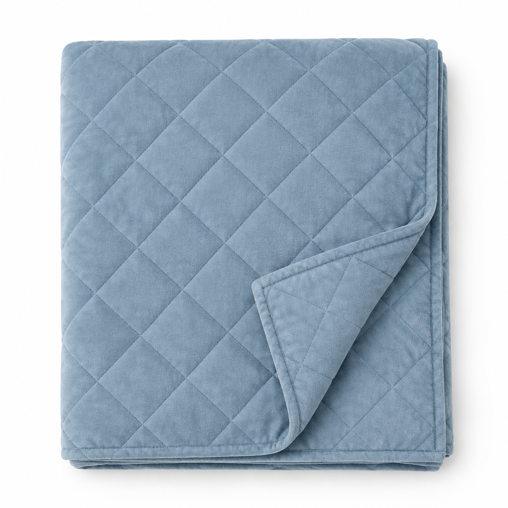 Blue Quilted Throw Blanket flat lay top view