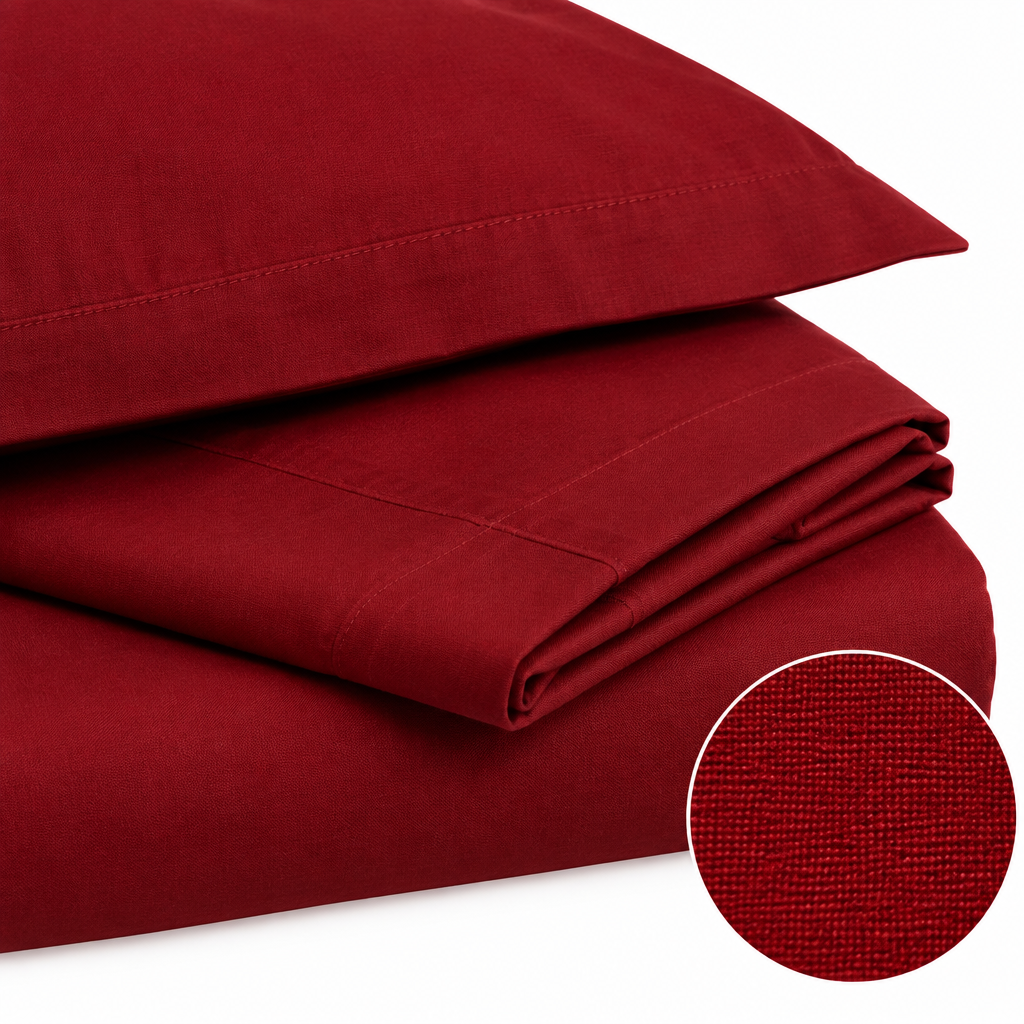 Red Cotton Sheet Set fabric texture close up
