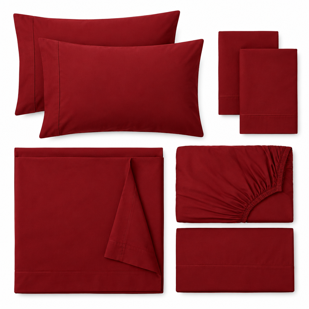Red Cotton Sheet Set flat lay