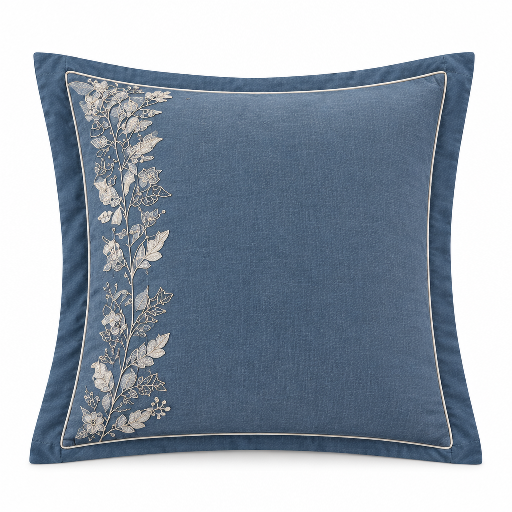 Large Blue Pillow Sham with floral embroidery
