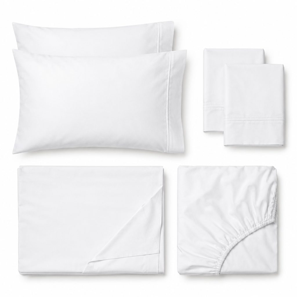 White Cotton Sheet Set flat lay