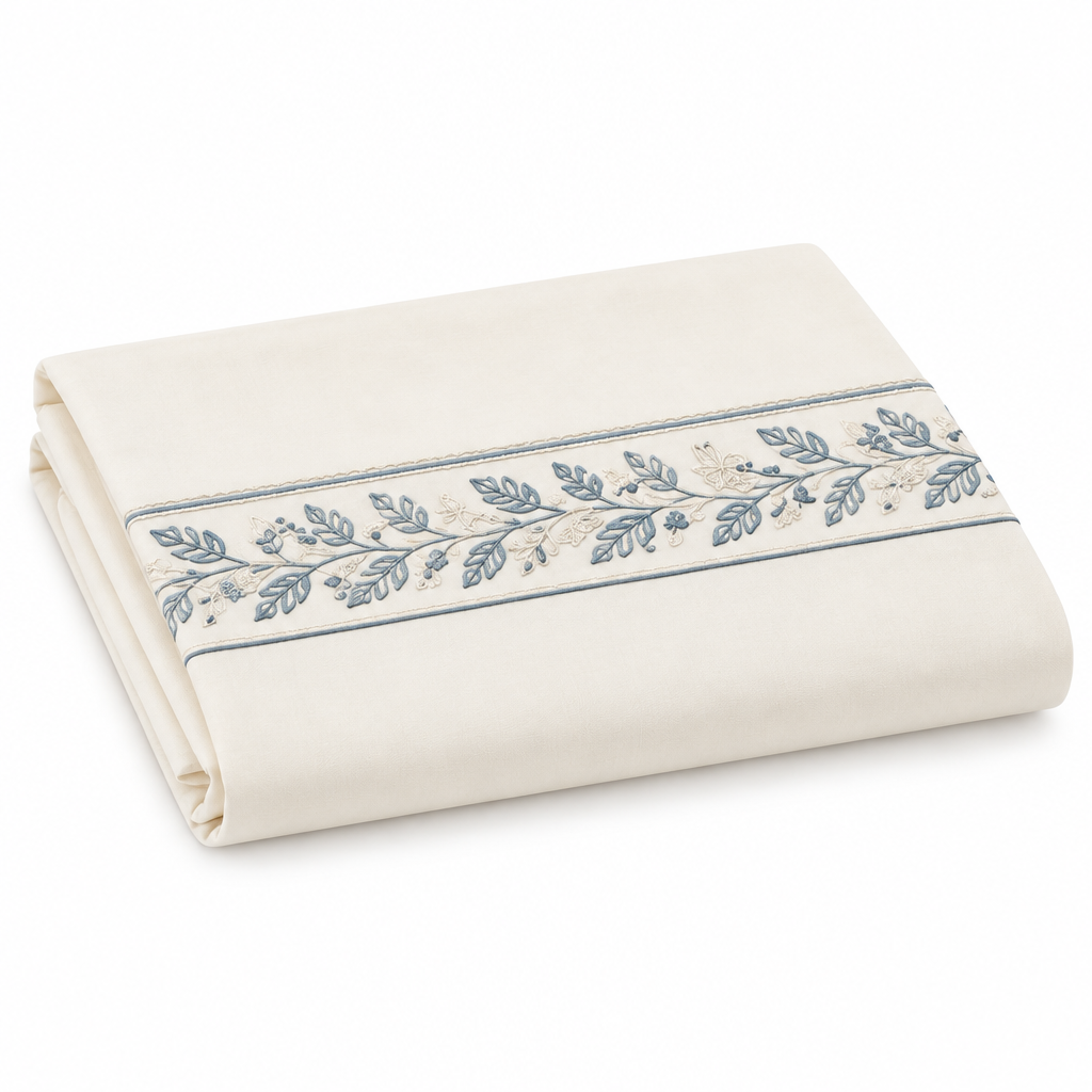 Cream Flat Sheet with blue floral embroidery