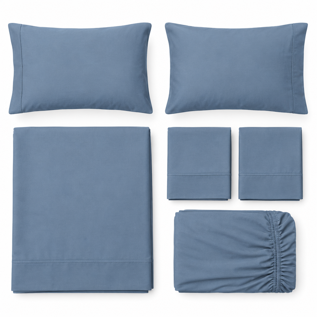 Blue Cotton Sheet Set flat lay