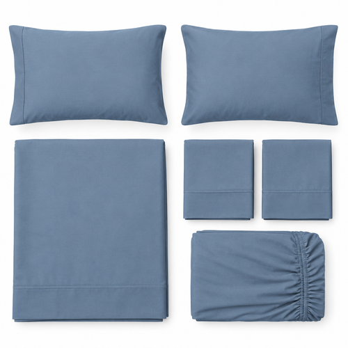 Blue Cotton Sheet Set flat lay